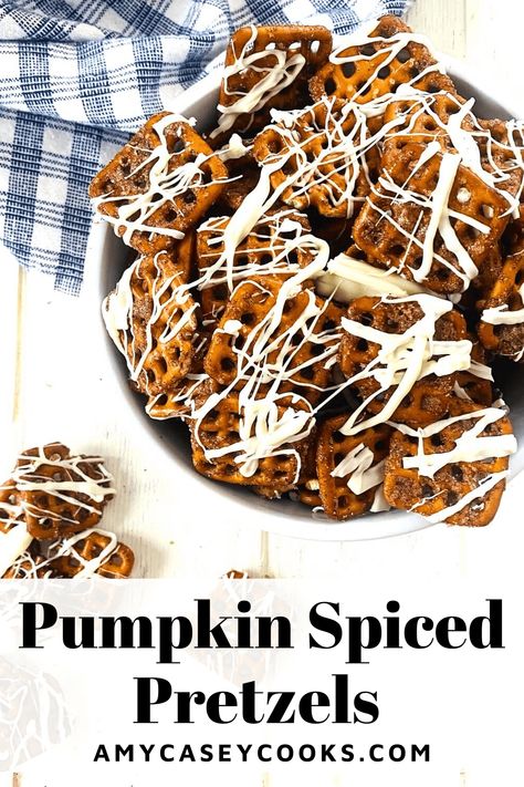 As soon as the weather turns cool, I mix up a batch of these addictive Pumpkin Spiced Pretzels. This easy to make fall favorite treat starts with store bought crunchy pretzels. They're baked with a coating of butter, sugar and homemade pumpkin spice. The finishing touch of a generous drizzle of white chocolate makes the pretzels the perfect sweet and salty party snack. Pumpkin Spice Pretzels, Tajin Pretzels, Salty Party Snacks, Spiced Pretzels, Pumpkin Pretzels, Crisps Recipe, Savoury Finger Food, White Chocolate Drizzle, Fall Meals