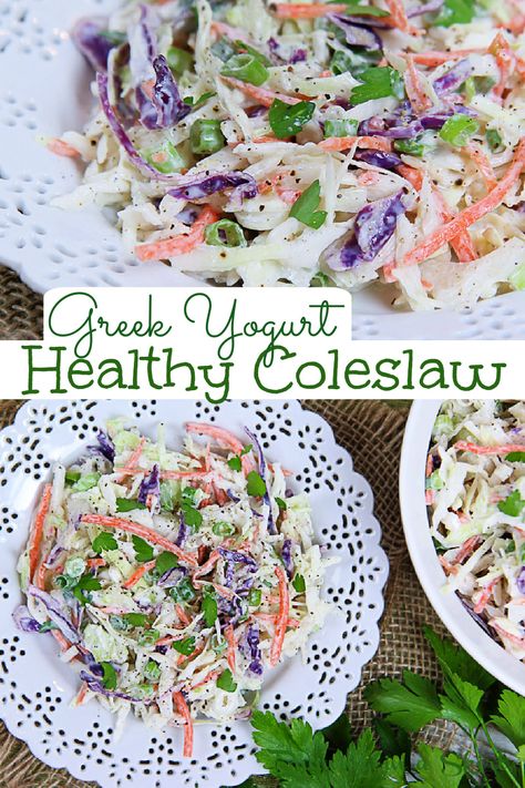 Healthy Coleslaw Recipe with Greek Yogurt and no mayo! The Best Healthy Cole Slaw Dressing that’s a creamy. Homemade and Southern style but with honey instead of sugar and greek yogurt instead of mayonnaise. Easy, simple, clean eating and the perfect healthy cookout side dish. Veggie packed with bagged coleslaw, carrots, green onion and parsley plus apple cider vinegar. Vegetarian, Gluten Free, Low Carb / Running in a Skirt #healthysidedish #coleslaw #healthyrecipe #vegetarian #greekyogurt Healthy Slaw Dressing, Lean And Green Coleslaw Recipe, Healthy Cole Slaw, Healthy Cookout Side Dishes, Healthy Coleslaw Dressing, Healthy Coleslaw Recipe, Healthy Cookout, Simple Clean Eating, Recipe With Greek Yogurt