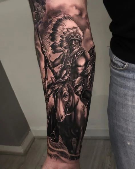 105+ Native American Tattoo Ideas To Honor Indigenous Heritage Native American Tattoos Back Piece, Eagle Tattoo Native American, Native American Scenery Tattoo, Native Neck Tattoo, Western Sleeve Tattoos For Guys, Indian Themed Tattoos, Native American Totem Tattoos, Native Eagle Tattoo, Native American Back Tattoos