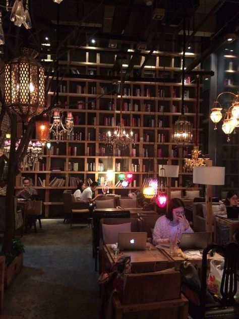 Haunted Bookstore Aesthetic, Wood Coffee Shop Interior, Bookshop Cafe Interior, Cool Cafe Ideas, Cute Bookstore Ideas, Library Coffee Shop Interior Design Book Cafe, Cozy Coffee Shop Aesthetic Vintage, Bookstore Tea Shop, Tea Shop Ideas Business