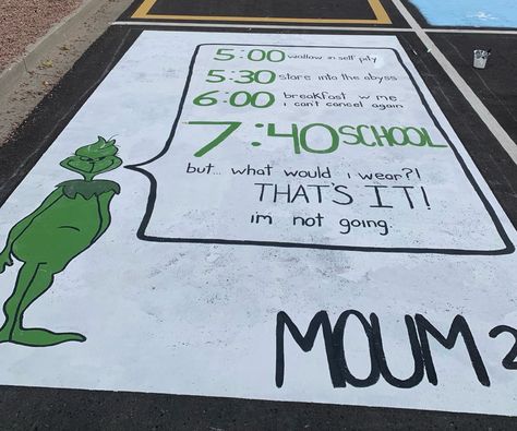 Grinch Senior Parking Spot, Dinosaur Senior Parking Spot, Almost There Parking Spot, Men’s Senior Parking Spot, Dinosaur Parking Spot, Parking Spot Painting High School Sports, Fun Senior Parking Spots, Simple Parking Spot Ideas, Senior Parking Spaces Chalk Easy