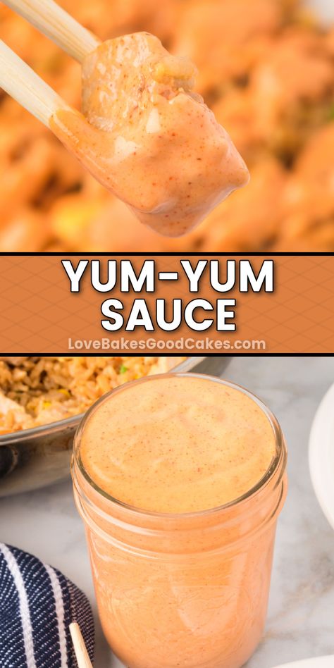 Yum Yum Sauce pin collage Hibachi Sauce, Hibachi Restaurant, Hibachi Recipes, Food Sauces, Cottage Recipes, Recipes Japanese, Japanese Hibachi, College Recipes, Easy Sauce Recipe