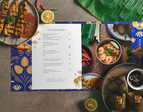 Muang Thai: Your Ticket to Modern Thailand on Behance Thai Menu Design, Thai Restaurant Menu, Menu Branding, Menu Design Layout, Thai Menu, Placemat Design, Food Project, Stir Fry Dishes, Thailand Food