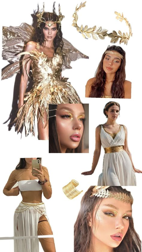 Inspo de disfraz para Halloween costume inspo #Halloween Goddess Halloween Costume Ideas, Aphrodite Costume Ideas, Icarus Halloween Costume, Easy Goddess Costume, Green Goddess Halloween Costume, Greek Goddess Rave Outfit, Greek Goddess Costume Ideas, Halloween Costume Greek Goddess, Myths And Legends Costumes