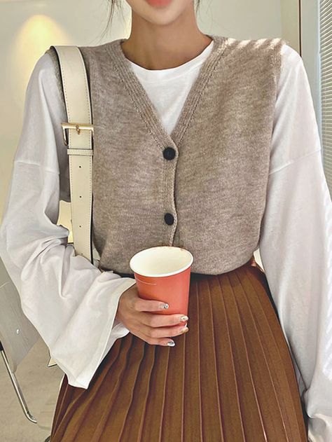 DAZY 1pc Button Front Sweater Vest Buttoned Sweater Vest Outfit, Sweater Vest Over Button Up, Button Sweater Vest Outfit, Button Up Sweater Vest Outfit, Button Cardigan Outfit, Sweater Vest Outfit Women, Vest Outfit Women, Knit Vest Outfit, Vest Style Women