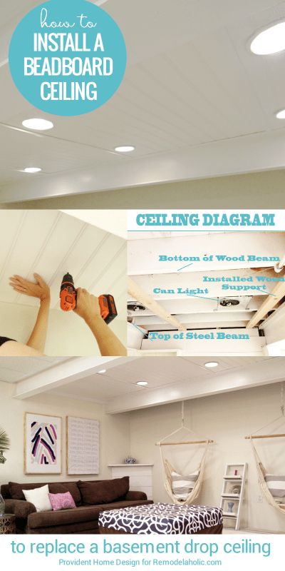 Remodelaholic | DIY Beadboard Ceiling To Replace a Basement Drop Ceiling Drop Ceiling Basement, Basement Ceiling Ideas Cheap, Ceiling Tiles Basement, Diy Beadboard, Basement Remodeling Diy, Basement Ceiling Options, Low Ceiling Basement, Beadboard Ceiling, Diy Basement