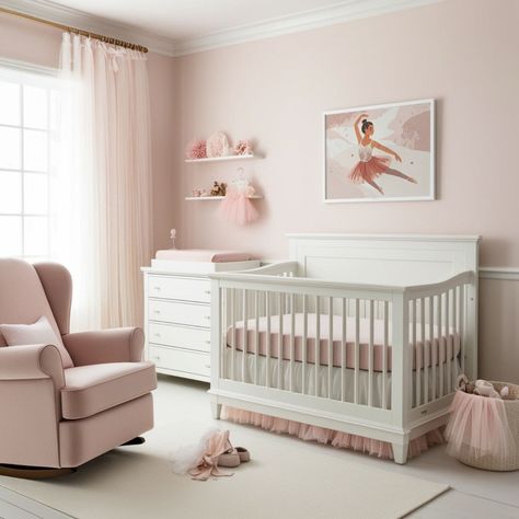 Elegant ballet-themed nursery with soft pink walls and white furniture, including a crib, a changing table, and a plush pink rocking chair. A framed illustration of a ballerina hangs above the crib, enhancing the graceful aesthetic. Decor elements include a tulle crib skirt, ballet slippers on the floor, and shelves adorned with pink tutus, floral accents, and delicate toys, creating a dreamy and sophisticated atmosphere.