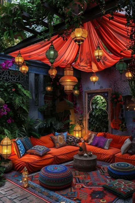 Indian Backyard Ideas, Moroccan Outdoor Patio, Boho Porch Ideas, Moroccan Patio Ideas, Bohemian Bedroom Decor Moroccan Style, Bohemian Outdoor Spaces, Unique Patio Furniture, Boho Outdoor Space, Unique Home Ideas