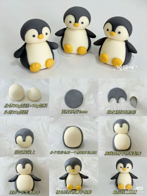 Clay Crafts Penguin, Christmas Clay Sculpture Ideas, Penguin Clay Art, Fimo Penguin, Polymer Clay Crafts For Beginners Step By Step, Penguin Cake Ideas, Penguin Fondant, Soft Clay Ideas, Fondant Penguin