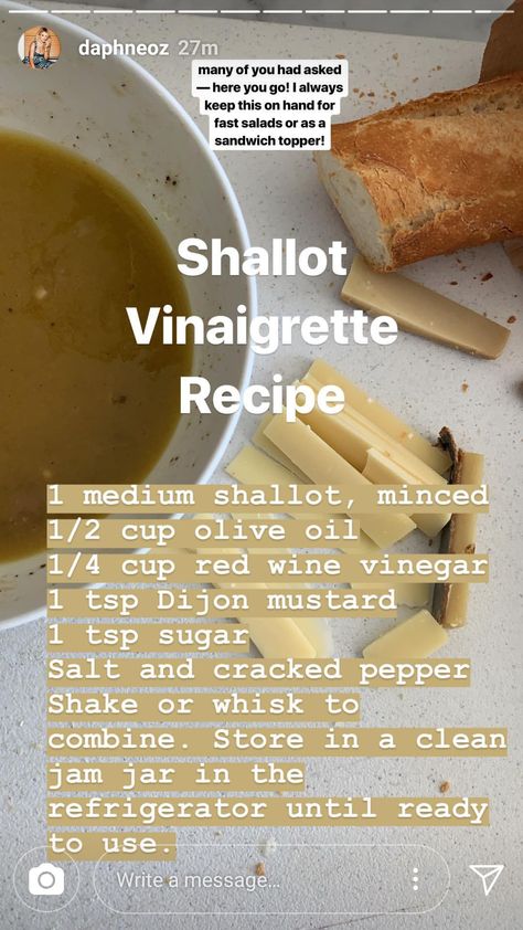 Shallot Vinaigrette from Daphne Oz Shallot Vinaigrette, Relish Sauce, Vinaigrette Dressing Recipe, Daphne Oz, Vinaigrette Recipe, Salad Dressing Recipes Homemade, Marinade Sauce, Homemade Salads, Vinaigrette Dressing