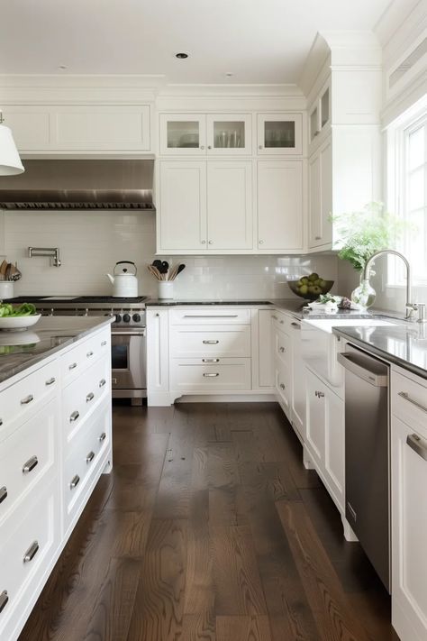 15 Popular Flooring Ideas For White Kitchen Cabinets (2024) Light Kitchen Dark Floors, Off White Kitchen Cabinets With Dark Wood Floors, Dark Wood Floors With White Cabinets, Kitchen White Cabinets Dark Wood Floor, Dark Wood Floor White Cabinets, Dark Floor Light Cabinets Kitchen, White Kitchen Ideas With Dark Floors, Flooring For White Cabinets, White Kitchen With Dark Floors