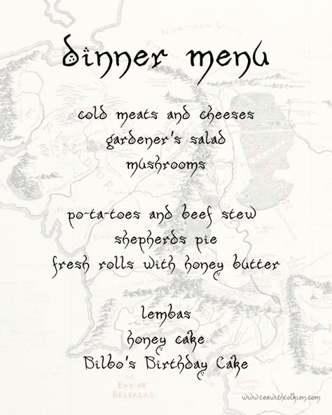 Hobbit Day Meal Plan, The Hobbit Dinner Party, Hobbit Themed Drinks, Hobbit Meal Schedule, Hobbit Menu Sign, Lord Of The Rings Movie Marathon Food, Hobbit Dinner, Hobbit Birthday, Free Printable Menu