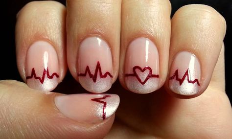 11.6k Likes, 199 Comments - Medical Doctors Worldwide (@medical.doctors) on Instagram: “Creative idea for medical students ➡ Awesome EKG themed Nail Design #doctor #medlife…” Nurse Nails, Valentines Nail, Graduation Nails, Valentine Nail Art, February Nails, Holiday Nail, Nail Designs Valentines, Holiday Nail Art, Manicure Nails