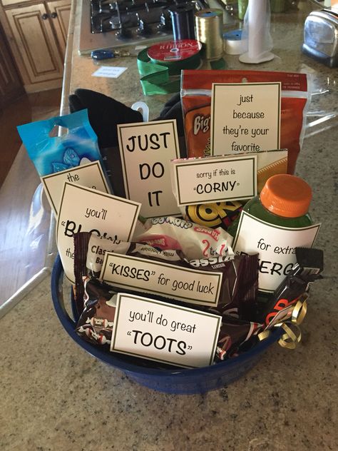 Good Luck At State Gifts Wrestling, Good Luck Care Package, Small Good Luck Gift Ideas, Good Luck For Exams Gift Ideas, Good Luck Basket Ideas, Good Luck Basket For Boyfriend, Good Luck Gift Basket, Good Luck Basket, Good Luck Gift Ideas