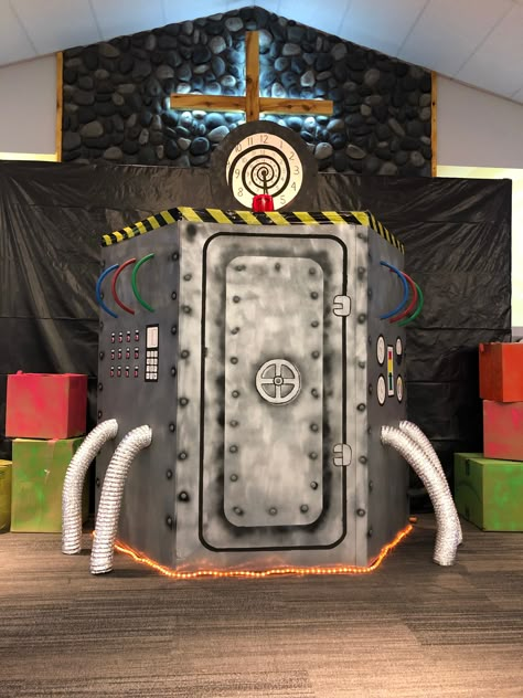 Time Machine Door Decoration, Diy Time Machine, Time Machine Party, Time Machine Decorations, Time Lab Vbs Decorations, Time Machine Stage Prop, Vbs Stellar, Travel Theme Decor, Maker Fun Factory Vbs 2017