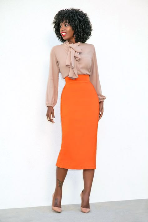 Style Pantry | Front Tie Blouse + Pencil Midi Skirt Midi Pencil Skirt, Fitted High-waist Pencil Skirt For Work, Chic Midi-length Pencil Skirt For Office, High-waisted Solid Color Pencil Skirt For Spring, Chic Midi-length Spring Pencil Skirt, Chic Orange Pencil Skirt, Pencil Skirt Fashion, Fashionable Work Outfit, Orange Skirt