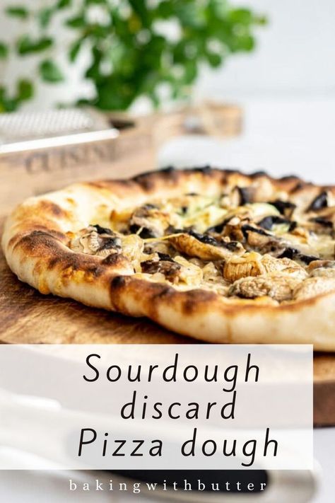 a delicious looking pizza with mushrooms. Wood Fired Pizza Crust Recipe, Pizza Dough Recipe No Yeast, Sourdough Discard Pizza Crust, Dough Recipe No Yeast, Discard Pizza Crust, Pizza Dough Bread Machine, Sourdough Discard Pizza, Overnight Pizza Dough, Sourdough Pizza Crust Recipe