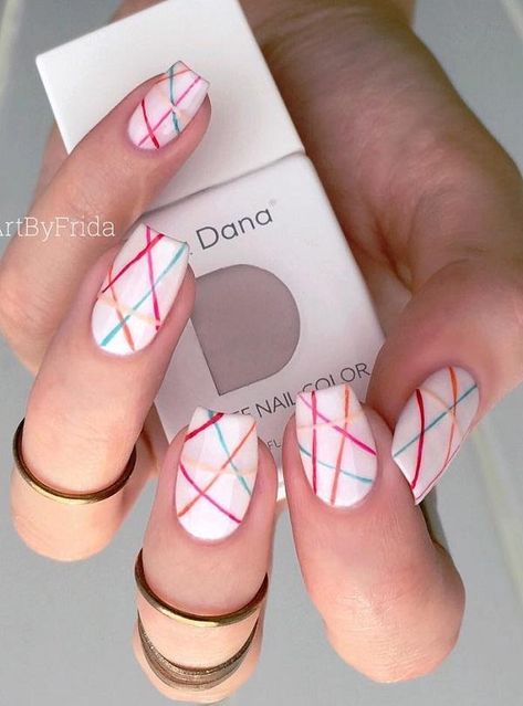 40 Geometric Nail Art Ideas | Cuded Line Nail Designs, Black And White Nail Art, Line Nail Art, Silver Glitter Nails, Geometric Nail Art, Pink Manicure, Geometric Nail, Lines On Nails, Pink Nail Art