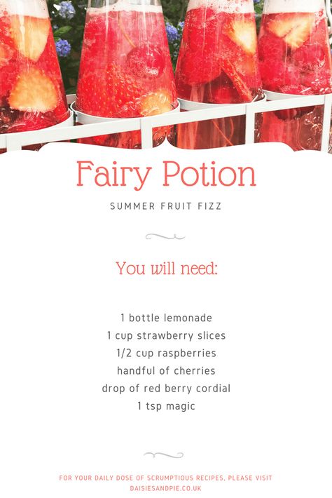 Potion Drinks, Fairy Party Ideas, Fairy Party Food, Summer Fruit Drinks, Fairy Potion, Drinks Strawberry, Fairy Theme Birthday Party, Kids Summer Activities, Strawberry Fizz