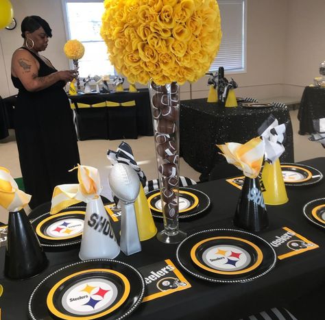 Pittsburgh Steelers Birthday Party, Steelers Party Decorations, Pittsburgh Steelers Party Ideas, Steelers Themed Birthday Party, Steelers Party Ideas, Steelers Birthday Party Ideas, Pittsburgh Themed Party, Football Banquets, Football Banquet Decorations