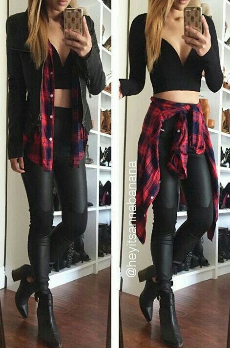 Stylish Street Style, Black Leather Leggings, Red Plaid Shirt, Crop Top Outfits, Edgy Outfits, Street Style Looks, Teen Fashion Outfits, Leather Leggings, Wearing Black