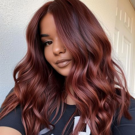 Cherry Auburn Waves 2 Toned Red Hair, Dark Red With Blonde Highlights, Cherry Brown Hair With Highlights, Auburn Hair Formula, Red Hair With Red Highlights, Red Hair On Brown Hair, Summer Auburn Hair Color, Red Hair For Warm Skin Tones, Red Auburn Hair Color