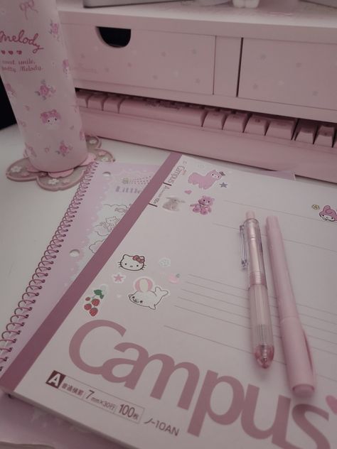 Sanrio Study Aesthetic, Cute Pink Notebooks, Cute Pink School Supplies, Pink Aesthetic Studying, Pink Teacher Aesthetic, Sanrio Studying, Pink Stationary Aesthetic, Hello Kitty Studying, Coquette Stationary