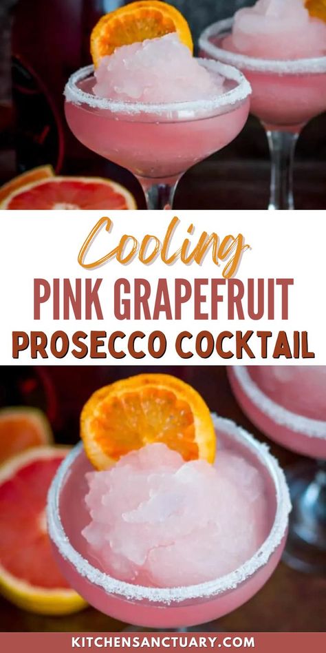 Embrace the cool elegance of our Cooling Pink Grapefruit Prosecco Cocktail. This invigorating blend of tangy pink grapefruit and effervescent Prosecco & Vodka are a citrus lover's dream. Served frozen, this delightful concoction is a perfect companion for sunny days and chic gatherings. Cheers to a refreshing and vibrant sipping experience! Prosecco Drinks, Pink Prosecco, Slush Puppy, Prosecco Cocktails, Summer Garden Party, Fruit Drinks, Grown Ups, Fruit In Season, Pink Grapefruit