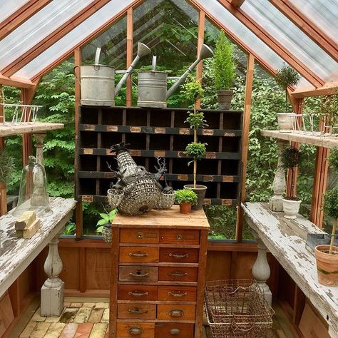 Pimping out this greenhouse today!#saugatuck #thevintagebeecompany #greenhouses Greenhouse Photos, She Shed Interior, Garden Shed Interiors, Lots Of Plants, Shed Interior, Greenhouse Shed, Greenhouse Interiors, Backyard Greenhouse, Small Greenhouse