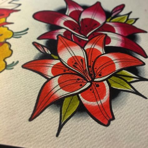 Study Traditional, Amaryllis Tattoo, Lilly Flower Tattoo, Tiger Lily Tattoos, Red Flower Tattoos, Slovakia Bratislava, Water Lily Tattoos, Lillies Tattoo, Lily Tattoo Design