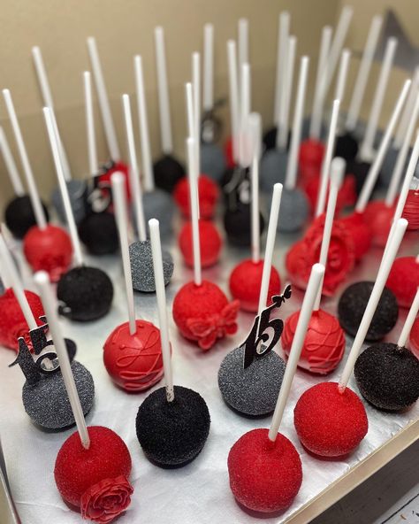 Red And Black Candy Bar, Red White And Black Birthday Party Ideas, Red Black And White Birthday Cake, Red And Black Birthday Theme Sweet 16, Red And Black Cake Pops, Red And Black Desserts, Red And Black Treats, Red And Black 18th Birthday Party, Red And Black Themed Birthday Party