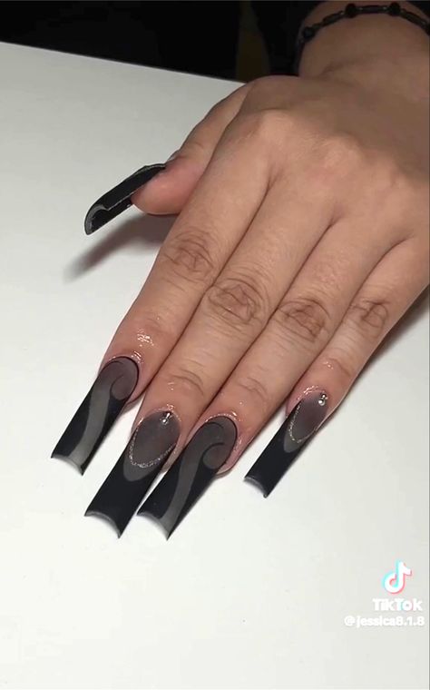 Black Glass Nail Designs, Sheer Black Nails Acrylic, Black Sheer Nails, Clear Black Nails, Sheer Black Nails, Ombre Chrome, Long Black Nails, Ombre Chrome Nails, Natural Acrylic