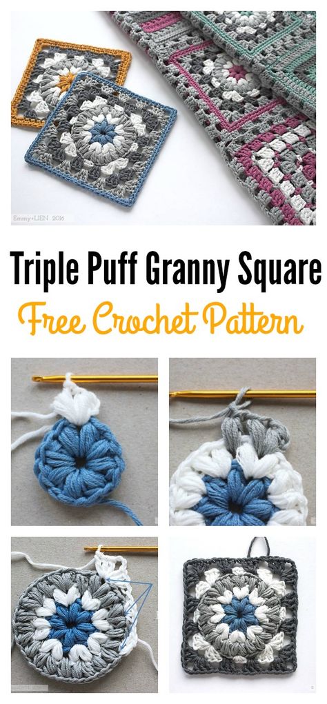 Triple Puff Granny Square Motif Free Crochet Pattern Puff Granny Square, Granny Square Motif, Motifs Granny Square, Granny Square Pattern, شال كروشيه, Popcorn Stitch, Confection Au Crochet, Crochet Blocks, Crochet Simple