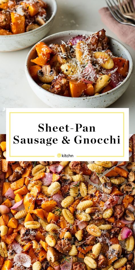 Gnocchi Sausage Sheet Pan, Kielbasa Gnocchi Recipes, Butternut Squash Sheet Pan Dinner, Make Ahead Sheet Pan Dinners, Crispy Sheet Pan Gnocchi, Sausage And Butternut Squash, Roasted Gnocchi, Gnocchi With Mushrooms, Sheet Pan Gnocchi