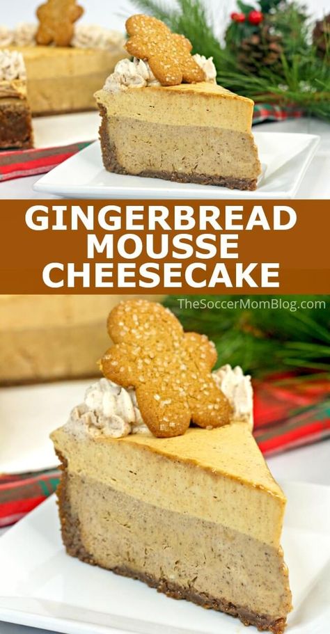 This fun and festive Gingerbread Cheesecake features smooth cheesecake, flavorful gingerbread mousse, and homemade cinnamon whipped cream. Cheesecake Gingerbread, Gingerbread Mousse, Smooth Cheesecake, Cinnamon Whipped Cream, Mousse Cheesecake, Gingerbread Cheesecake, Christmas Cheesecake, Christmas Party Table, Cheesecake Mousse