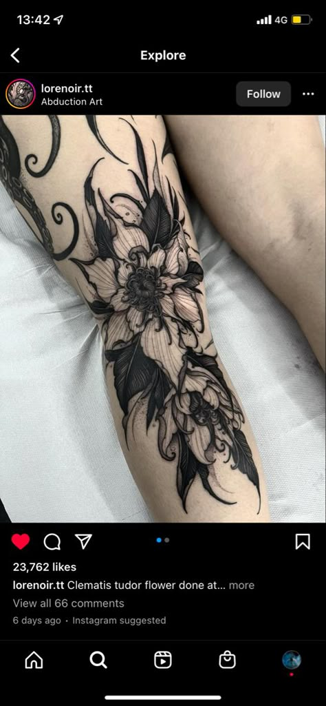 Dark Foliage Tattoo, Dark Flower Design, Gothic Flower Tattoo Design, Greek Underworld Tattoo, Corpse Flower Tattoo, Botanical Blackwork Tattoo, Fairytale Sleeve Tattoo, Gothic Floral Tattoo Sleeve, Goth Flowers Tattoo