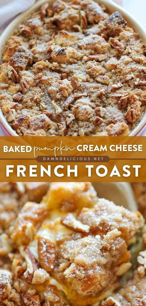 BAKED PUMPKIN CREAM CHEESE FRENCH TOAST, fall, pumkin recipes, breakfast ideas Damn Delicious Overnight French Toast, Baked Pumpkin Cream Cheese French Toast, Fall Baked French Toast, Stuffed Pumpkin French Toast, Pumpkin Cream Cheese French Toast Bake, Pumpkin Pie French Toast Casserole, Pumpkin Cream Cheese French Toast Casserole, Farm Breakfast Ideas, Pumpkin Stuffed French Toast