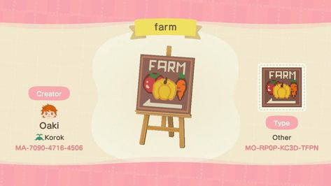 Farm Sign Animal Crossing, Farm Signs Acnh, Animal Crossing Farm Path Code, Acnh Open Sign, Acnh Farm Sign Design Code, Acnh Vegetable Stall Code, Acnh Veggie Sign, Acnh Produce Sign, Acnh Farm Sign