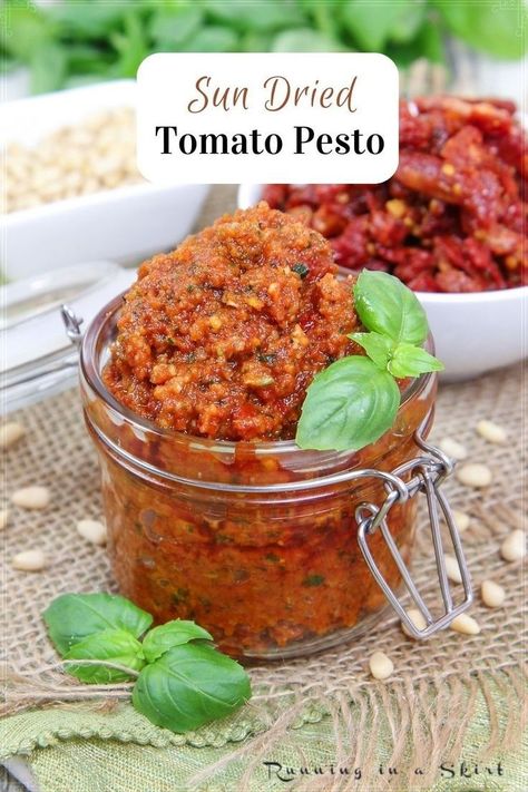 This Sun Dried Tomato Pesto recipe is a fun twist on classic basil pesto using sun-dried tomatoes along with other traditional pesto ingredients like basil, pine nuts, garlic, parmesan cheese, and olive oil. The result is a flavor explosion of Italian goodness that is simply irresistible as a sauce or spread. Dried Tomato Pesto Recipe, Sun Dried Tomato Pesto Recipe, Tomato Pesto Recipe, Best Pesto Recipe, Pesto Ingredients, Sun Dried Tomato Pesto, Easy Pesto Pasta, Homemade Pesto Recipe, Pesto Recipes