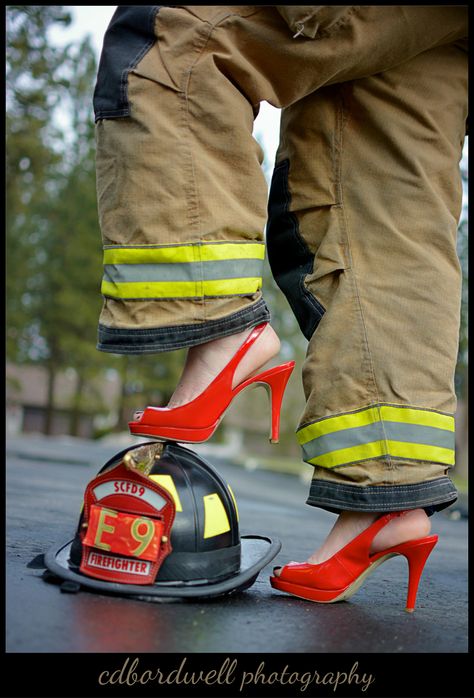 firewife Picture For Graduation, Female Firefighter Tattoo, Fire Department Wedding, Firefighter Engagement Pictures, Nurse Wedding, Firefighter Couple, Firefighter Engagement, He Asked She Said Yes, Nurse Ideas