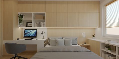 Bedroom design with a small home office area. Hidden heater in a cabinets under the window. Useful storage space in cabinets above the bed. Desk Above Bed, Cabinet Above Bed, Japandi Style Bedroom, Home Office Area, Office Area, Japandi Style, Small Home Office, Style Bedroom, Above Bed