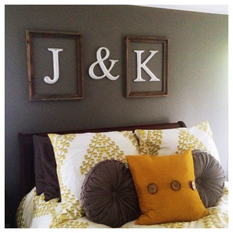 Initials framed above bed. The funny thing is that these are my parents initials in the correct spots His And Her Bedroom Decor, His And Her Room Ideas Bedrooms, Bedroom Frame Ideas, Diy Bedroom Decor For Couples, Letters Above Bed, Bedroom Signs Quotes, Diy Sign Above Bed Master Bedrooms, Above Bed Decor Ideas, Couples Bedroom Decor