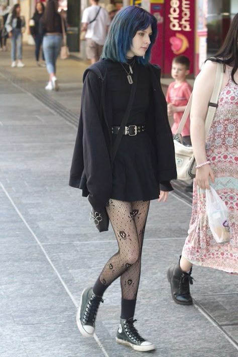 Goth Outfit With Shorts, Blue Jeans Goth Outfit, Goth Jean Jacket Outfit, Summer Goth Outfits Skirt, Harajuku Gothic Street Styles, Fashion Aesthetics, Alt Fashion, Gothic Outfits, Swaggy Outfits