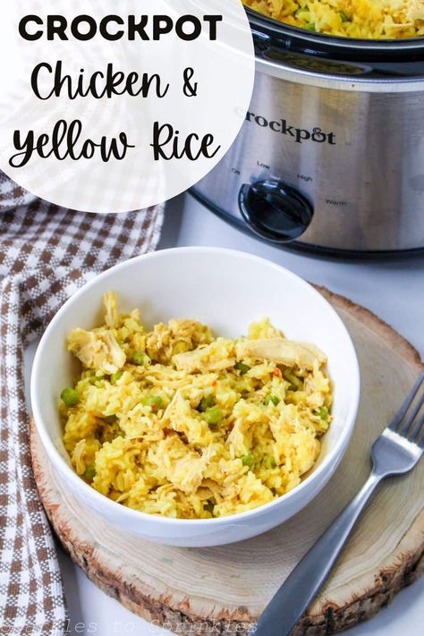 Crockpot chicken and yellow rice is so easy to make and full of so much flavor. All you need is chicken, onion, chicken broth, yellow rice, peas, and salt and pepper to make a meal that is quick and easy and will serve a crowd even on your busiest nights! Chicken And Yellow Rice, Yellow Rice Recipes, Rice Peas, Easy Crockpot Dinners, Yellow Rice, Onion Chicken, Perfect Chicken, Best Instant Pot Recipe, Crockpot Dishes