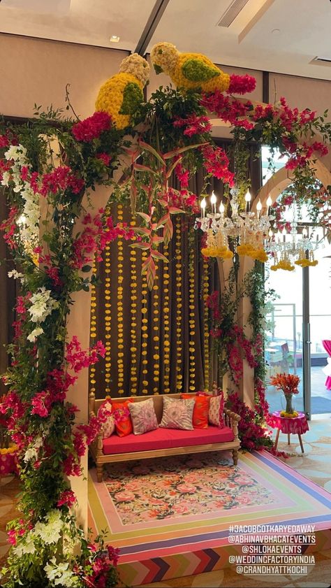 Mehendi Setup Mehndi Decor Indoor, Function Hall Decoration Ideas, Mendhi Setup, Mehndi Backdrop, Mehndi Stage Decor, Wedding Picture Walls, Mehndi Stage, Mehendi Decor Ideas, Reception Stage Decor