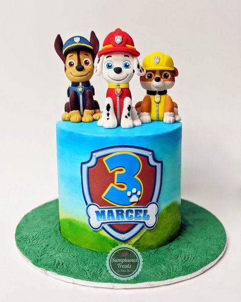 Paw Patrol Cake #pawpatrol #pawpatrolcake #rubble #chase #marshall #pawpatrolcakes #buttercreampawpatrolcake #pawpatrolbirthdaycake #markhamcakes #customcakes #sumptuoustreats #pawpatrolfigures #caoepawpatrol #pawpatrolbirthday www.instagram.com/sumptuoustreats Chase And Marshall Cake, Chase Birthday Cake Paw Patrol, Paw Patrol Buttercream Cake, Tort Psi Patrol, Paw Patrol Chase Cake, Chase Cake, Paw Patrol Birthday Party Cake, Diy Party Themes, Paw Patrol Figures