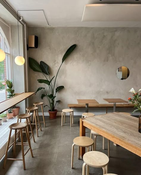 Lounge Cafe Interior, Small Coffee Shop Ideas Business, Coffee Shop Bench Seating, Japandi Cafe Interiors, Coffee Shop Aesthetic Minimalist, Cafe Window Seat, Classic Cafe Interior, Japandi Coffee Shop, Neutral Coffee Shop