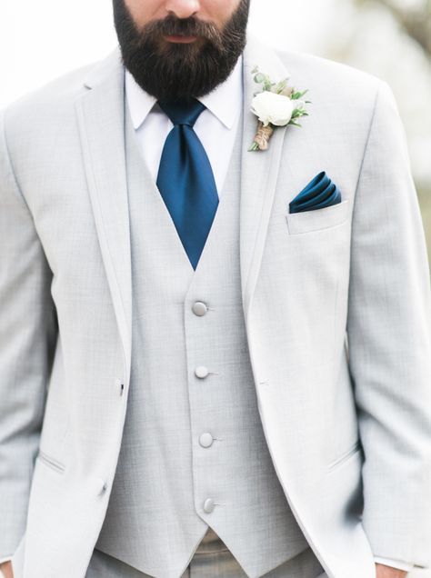 Light gray suit + royal blue tie: http://www.stylemepretty.com/texas-weddings/2016/07/07/a-blanket-of-bluebonnets-made-for-the-ultimate-hill-country-wedding/ | Photography: Loft Photography - http://www.loftphotography.com/ White Suit Blue Tie, White Suit With Blue Tie, Light Grey Suit Men Color Combos, Light Grey Wedding Suit, Light Grey Groom Suit, White And Blue Suit, Light Gray Suits, Royal Suit, Light Gray Suit