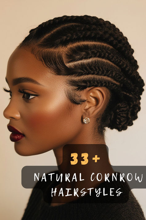 Looking for a new hairstyle that celebrates natural beauty? 🌿 Check out these 33 stunning natural cornrow hairstyles that are perfect for any occasion. From simple and elegant to bold and intricate, there's a style here for everyone. Ready to find your next look? Click to explore all the gorgeous options! #CornrowStyles #NaturalHair #HairInspiration #Braids #HairstyleIdeas #NaturalBeauty #HairTrends Fast Cornrow Hairstyles, Cornrows And Single Braids, Classy Cornrow Hairstyles, 5 Cornrows Braids Black Women, Elegant Cornrows Black Women, Hair By Hair Cornrows, Thick Cornrows Braids Black Women, Two Cornrows Natural Hair, French Braids Natural Hair