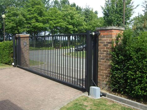 Electric Sliding Gates, Contemporary Gates, Farm Entrance, Electric Gate, Front Fence, Front Gate Design, Front Garden Design, Electric Gates, Fencing & Gates